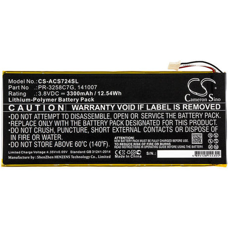 3.8V, Li-Polymer, 3300mAh, Tablet battery fits Acer, 141007, A1-734, Iconia Talk S, 12.54Wh Tablet Cameron Sino Technology Limited
