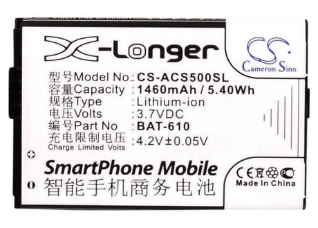 3.7V, Li-ion, 1460mAh, SmartPhone battery fits Acer, Bat-610, Cloud Mobile, Cloudmobile S500, 5.4Wh Mobile, SmartPhone Cameron Sino Technology Limited (Smartphone)