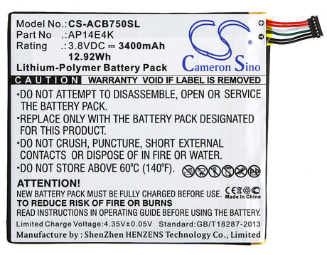 3.8V, Li-Polymer, 3400mAh, Tablet battery fits Acer, Ap14e4k, Iconia One 7 B1-750, 12.92Wh Tablet Cameron Sino Technology Limited