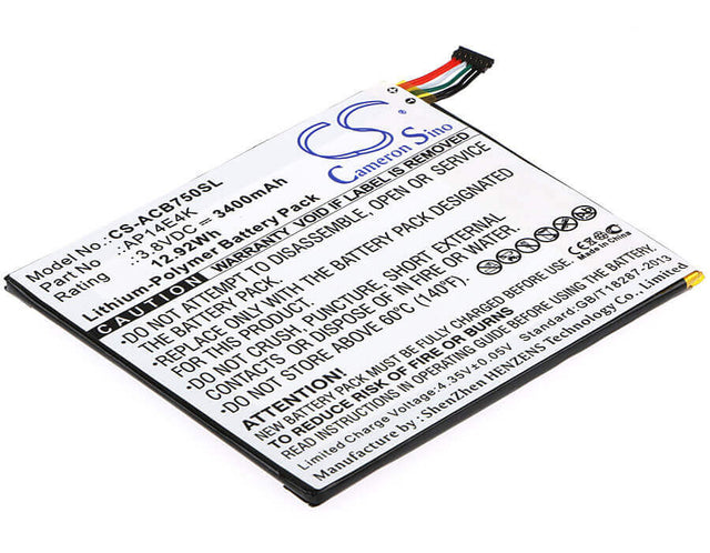 3.8V, Li-Polymer, 3400mAh, Tablet battery fits Acer, Ap14e4k, Iconia One 7 B1-750, 12.92Wh Tablet Cameron Sino Technology Limited
