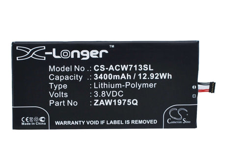 3.8V, Li-Polymer, 3400mAh, Tablet battery fits Acer, Aprilia, A1-713, A1-713hd, 12.92Wh Tablet Cameron Sino Technology Limited