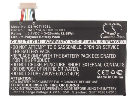 3.7V, Li-Polymer, 3420mAh, Tablet battery fits Acer, (1icp4/68/110), Iconia Tab A110, 12.58Wh Tablet Cameron Sino Technology Limited (Suspended)