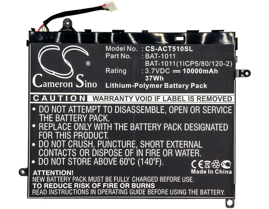 Battery For Acer Iconia Tab A510, Iconia Tab A700, Iconia Tab A710 3.7v, 10000mah - 37.00wh Tablet Cameron Sino Technology Limited (Suspended)   