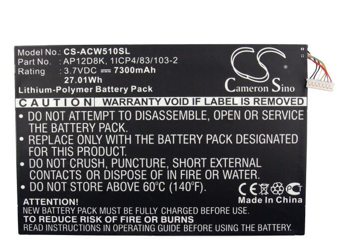 3.7V, Li-Polymer, 7300mAh, Tablet battery fits Acer, 1icp4/83/103-2, Aspire P3-171-3322y2g06as, Aspire P3-1715333y2g12as, 27.01Wh Tablet Cameron Sino Technology Limited