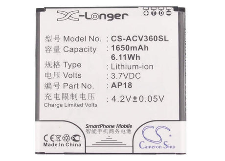 3.7V, Li-ion, 1650mAh, SmartPhone battery fits Acer, Ap18, Liquid E1, Liquid E1 Dou, 6.11Wh Mobile, SmartPhone Cameron Sino Technology Limited (Smartphone)