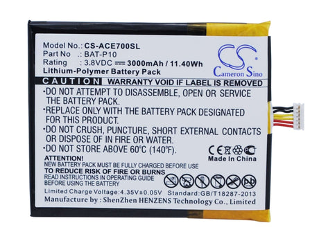 3.8V, Li-Polymer, 3000mAh, SmartPhone battery fits Acer, Bat-p10, E39, Liquid E700, 11.4Wh Mobile, SmartPhone Cameron Sino Technology Limited (Smartphone)