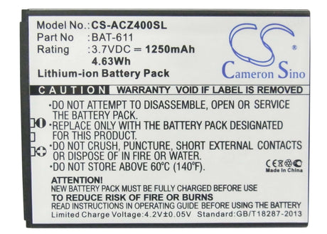 3.7V, Li-ion, 1250mAh, SmartPhone battery fits Acer, Bat-611, Liquid Z4, Z140, 4.63Wh Mobile, SmartPhone Cameron Sino Technology Limited (Smartphone)