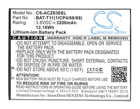 3.8V, Li-ion, 3200mAh, SmartPhone battery fits Acer, Bat-t11, Liquid Z630, Liquid Z630s, 12.16Wh Mobile, SmartPhone Cameron Sino Technology Limited (Smartphone)