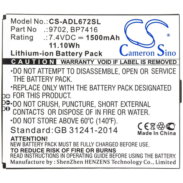 7.4V, Li-ion, 1500mAh, Equipment battery fits Additel, 9702, 672, Adt 672, 11.1Wh Equipment, Survey, Test Cameron Sino Technology Limited