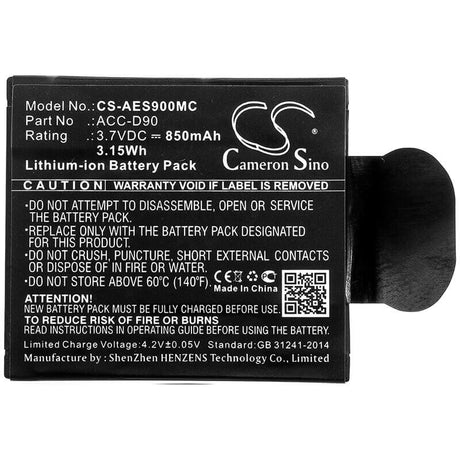 3.7V, Li-ion, 850mAh, Camera battery fits Aee, Acc-d90, D90, Lyfes72, 3.145Wh Camera Cameron Sino Technology Limited (Camera)