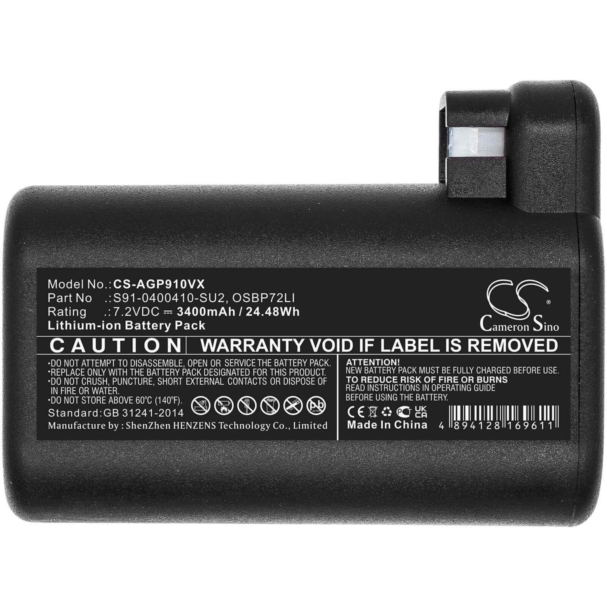 7.2V, Li-ion, 3400mAh, Vacuum battery fits Aeg, Electrolux, 900258195, 900277268, 900277283, 24.48Wh Vacuum Cameron Sino Technology Limited