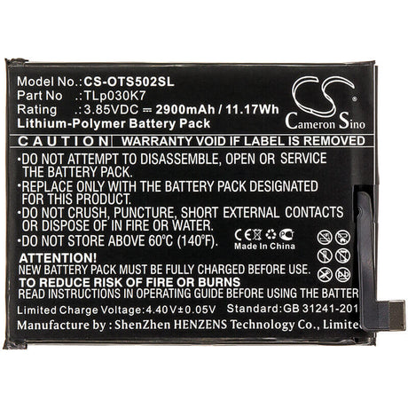 3.85V, Li-Polymer, 2900mAh, SmartPhone battery fits Alcatel, Tlp030k7, 1s, Ot-5024d, 11.17Wh Mobile, SmartPhone Cameron Sino Technology Limited (Smartphone)