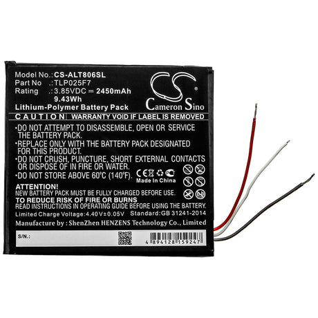3.85V, Li-Polymer, 2450mAh, Tablet battery fits Alcatel, Tlp025f7, 1t 7", Ot-8068, 9.43Wh Tablet Cameron Sino Technology Limited