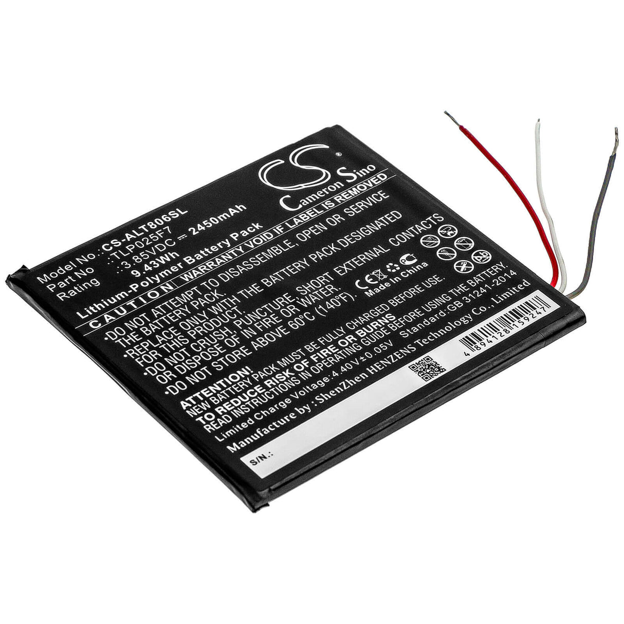 3.85V, Li-Polymer, 2450mAh, Tablet battery fits Alcatel, Tlp025f7, 1t 7", Ot-8068, 9.43Wh Tablet Cameron Sino Technology Limited
