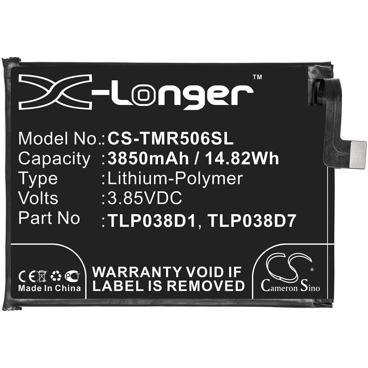 3,85V, Li-Polymer, 3850mAh, batterie de smartphone compatible avec Tcl, Verizon, Alcatel, T-mobile, Tlp038d1, 3l 2020, 5028d, 14,82Wh Mobile, Smartphone Cameron Sino Technology Limited (Smartphone)