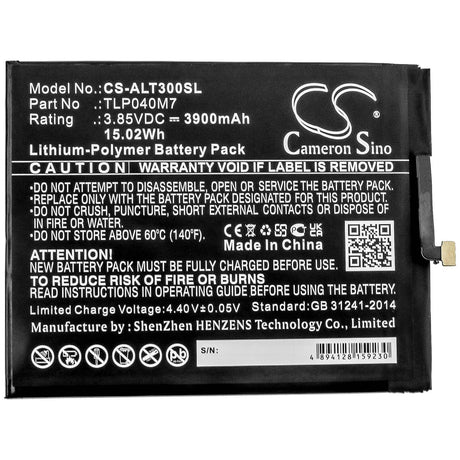 3.85V, Li-Polymer, 3900mAh, Tablet battery fits Alcatel, Tlp040m1, 3t, Ot-9032t, 15.02Wh Tablet Cameron Sino Technology Limited