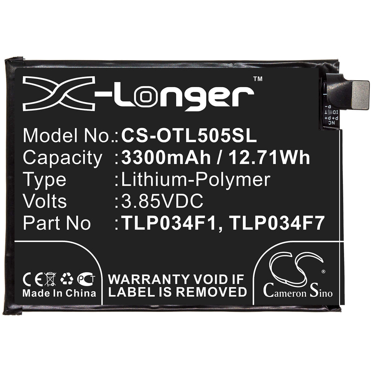 3,85V, Li-Polymer, 3300mAh, batterie de smartphone compatible avec Total Wireless, Metropcs, Alcatel, Tlp034f1, 5039d, 5053k, 12,71Wh Mobile, Smartphone Cameron Sino Technology Limited (Smartphone)