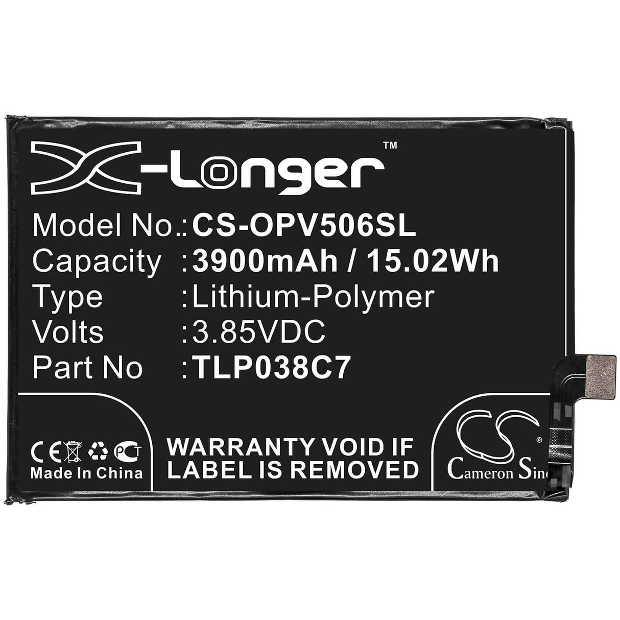 3.85V, Li-Polymer, 3900mAh, SmartPhone battery fits Alcatel, Tlp038c7, 5v, Ot-5060a, 15.02Wh Mobile, SmartPhone Cameron Sino Technology Limited (Smartphone)