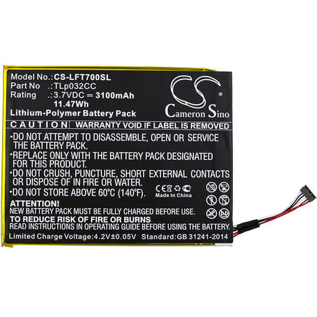 3.7V, Li-Polymer, 3100mAh, Tablet battery fits Alcatel, Tlp032cc, 9005x, One Touch Pixi 3 8.0, 11.47Wh Tablet Cameron Sino Technology Limited