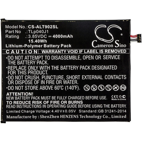 3.85V, Li-Polymer, 4000mAh, Tablet battery fits Alcatel, Tlp040j1, 8082, 9024w, 15.40Wh Tablet Cameron Sino Technology Limited