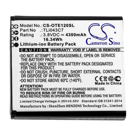 3.8V, Li-ion, 4300mAh, Hotspot battery fits Alcatel, Tli043c7, Ee120, 16.34Wh Hotspot Cameron Sino Technology Limited