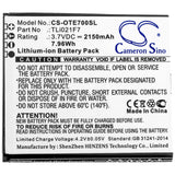 3,7V, Li-ion, 2150mAh, batterie Hotspot compatible avec Ee, Alcatel, Tli021f7, Ee70, Ee70vb, 7,96Wh Hotspot Cameron Sino Technology Limited