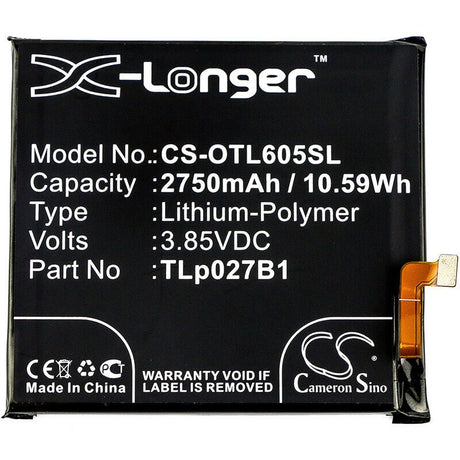 3.85V, Li-Polymer, 2750mAh, SmartPhone battery fits Alcatel, Cac2710006c1, Idol 5 Dual Sim, One Touch Idol 5, 10.59Wh Mobile, SmartPhone Cameron Sino Technology Limited (Suspended)