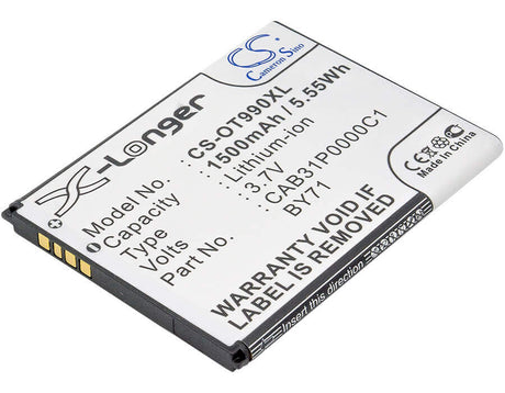 3.7V, Li-ion, 1500mAh, SmartPhone battery fits Virgin Mobile, Megafon, Alcatel, T-mobile, Tcl, Uscellular, By71, One Touc Pop, One Touc Pop C1, 5.55Wh Mobile, SmartPhone Cameron Sino Technology Limited (Smartphone)