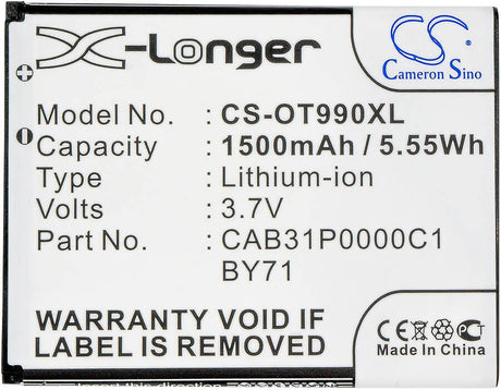 3.7V, Li-ion, 1500mAh, SmartPhone battery fits Virgin Mobile, Megafon, Alcatel, T-mobile, Tcl, Uscellular, By71, One Touc Pop, One Touc Pop C1, 5.55Wh Mobile, SmartPhone Cameron Sino Technology Limited (Smartphone)