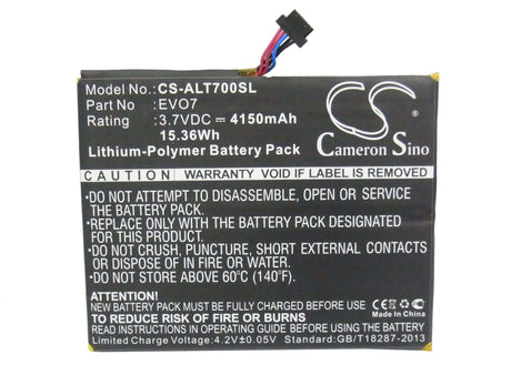 3.7V, Li-Polymer, 4150mAh, Tablet battery fits Alcatel, Cab4160000c1, One Touch Evo 7, Ot-t70, 15.36Wh Tablet Cameron Sino Technology Limited