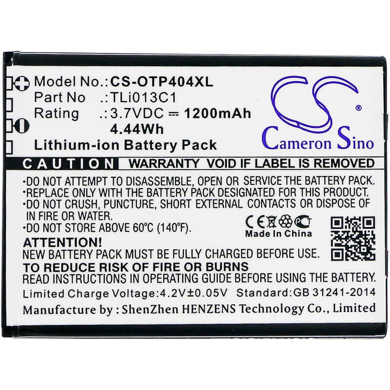 3.7V, Li-ion, 1200mAh, SmartPhone battery fits Cingular, Alcatel, Tli013c1, 4052c, 4052r, 4.44Wh Mobile, SmartPhone Cameron Sino Technology Limited (Smartphone)