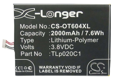 3.8V, Li-Polymer, 2000mAh, SmartPhone battery fits Tcl, Alcatel, Cac2000012c2, 6039s-2aalus7, One Touch Idol 2, 7.6Wh Mobile, SmartPhone Cameron Sino Technology Limited (Smartphone)