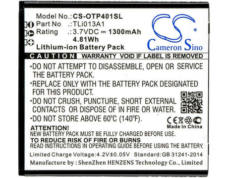 3.7V, Li-ion, 1300mAh, SmartPhone battery fits Alcatel, Tli013a1, One Touch Pixi 4 3.5, Ot-4017, 4.81Wh Mobile, SmartPhone Cameron Sino Technology Limited (Smartphone)