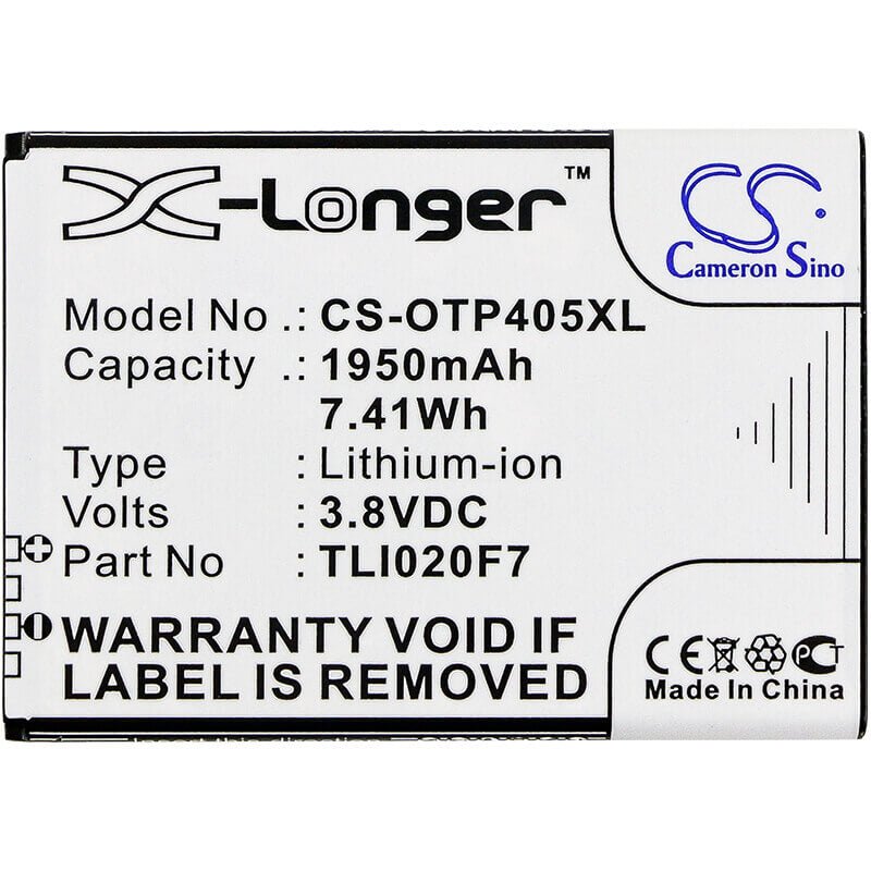 3.8V, Li-ion, 1950mAh, SmartPhone battery fits Alcatel, Tli020f7, One Touch 4 5.0, One Touch Pixi 4 (5), 7.41Wh Mobile, SmartPhone Cameron Sino Technology Limited (Smartphone)