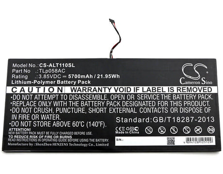 3.85V, Li-Polymer, 5700mAh, Tablet battery fits Alcatel, Tlp058ac, One Touch Plus 10", Ot-8085, 21.95Wh Tablet Cameron Sino Technology Limited