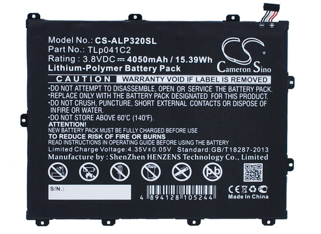 3.8V, Li-Polymer, 4050mAh, Tablet battery fits Alcatel, Tlp041c2, One Touch Hero 8, One Touch Pop 8, 15.39Wh Tablet Cameron Sino Technology Limited