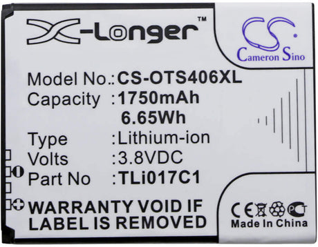 3.8V, Li-ion, 1750mAh, SmartPhone battery fits Alcatel, Greatcall, Tcl, At&t, Tli017c1, 4056spp, 4058r, 6.65Wh Mobile, SmartPhone Cameron Sino Technology Limited (Smartphone)