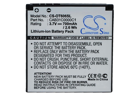 3.7V, Li-ion, 700mAh, SmartPhone battery fits T-mobile, Alcatel, Cab31c0000c1, Ot-606, Ot-606 Sparq, 2.59Wh Mobile, SmartPhone Cameron Sino Technology Limited (Smartphone)