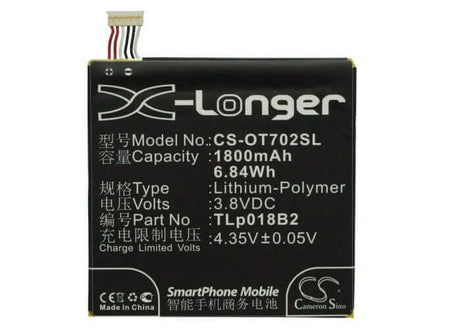 3.8V, Li-Polymer, 1800mAh, SmartPhone battery fits Alcatel, Tcl, Cac1800008c2, One Touch 7024, One Touch 7024w, 6.84Wh Mobile, SmartPhone Cameron Sino Technology Limited (Smartphone)