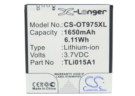 3.7V, Li-ion, 1650mAh, SmartPhone battery fits Base, Vodafone, Alcatel, Tli015a1, One Touch 975, One Touch 975n, 6.11Wh Mobile, SmartPhone Cameron Sino Technology Limited (Smartphone)