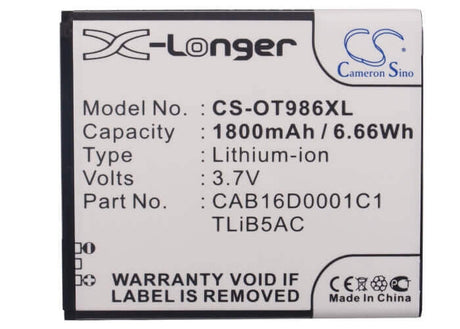 3.7V, Li-ion, 1800mAh, SmartPhone battery fits Alcatel, Cab16d0001c1, Ak47, One Touch 986, 6.66Wh Mobile, SmartPhone Cameron Sino Technology Limited (Smartphone)