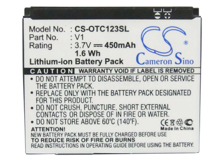 3.7V, Li-ion, 450mAh, SmartPhone battery fits Alcatel, V1, Ot-c123, Ot-c123a, 1.67Wh Mobile, SmartPhone Cameron Sino Technology Limited (Smartphone)