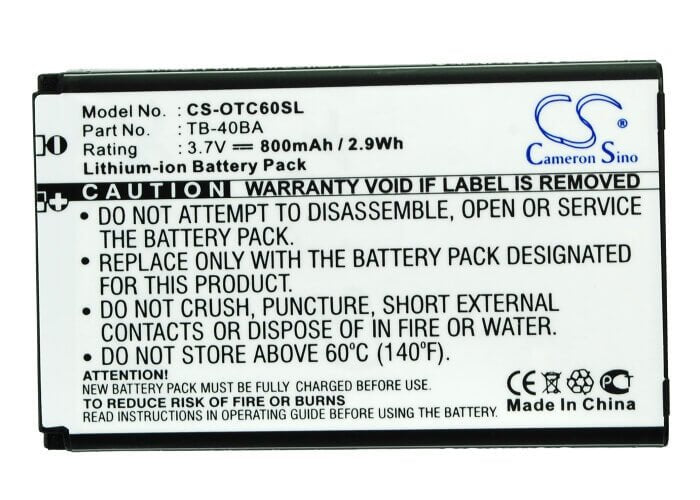 Battery For Alcatel Ot-c60, One Touch C60 3.7v, 800mah - 2.96wh Batteries for Electronics Cameron Sino Technology Limited (Suspended)