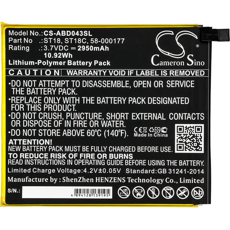 3.7V, Li-Polymer, 2950mAh, Tablet battery fits Amazon, 58-000177, B01gew27da, Kindle Fire 7", 10.92Wh Tablet Cameron Sino Technology Limited