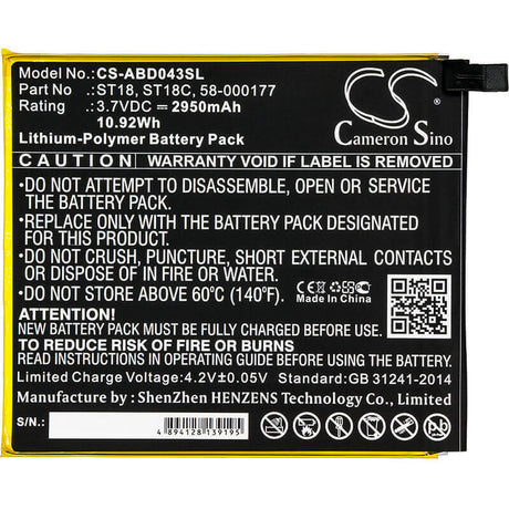 3.7V, Li-Polymer, 2950mAh, Tablet battery fits Amazon, 58-000177, B01gew27da, Kindle Fire 7", 10.92Wh Tablet Cameron Sino Technology Limited