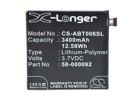 3.7V, Li-Polymer, 3400mAh, Tablet battery fits Amazon, 26s1006, 26s1006, B00kc6i06s, 12.58Wh Tablet Cameron Sino Technology Limited
