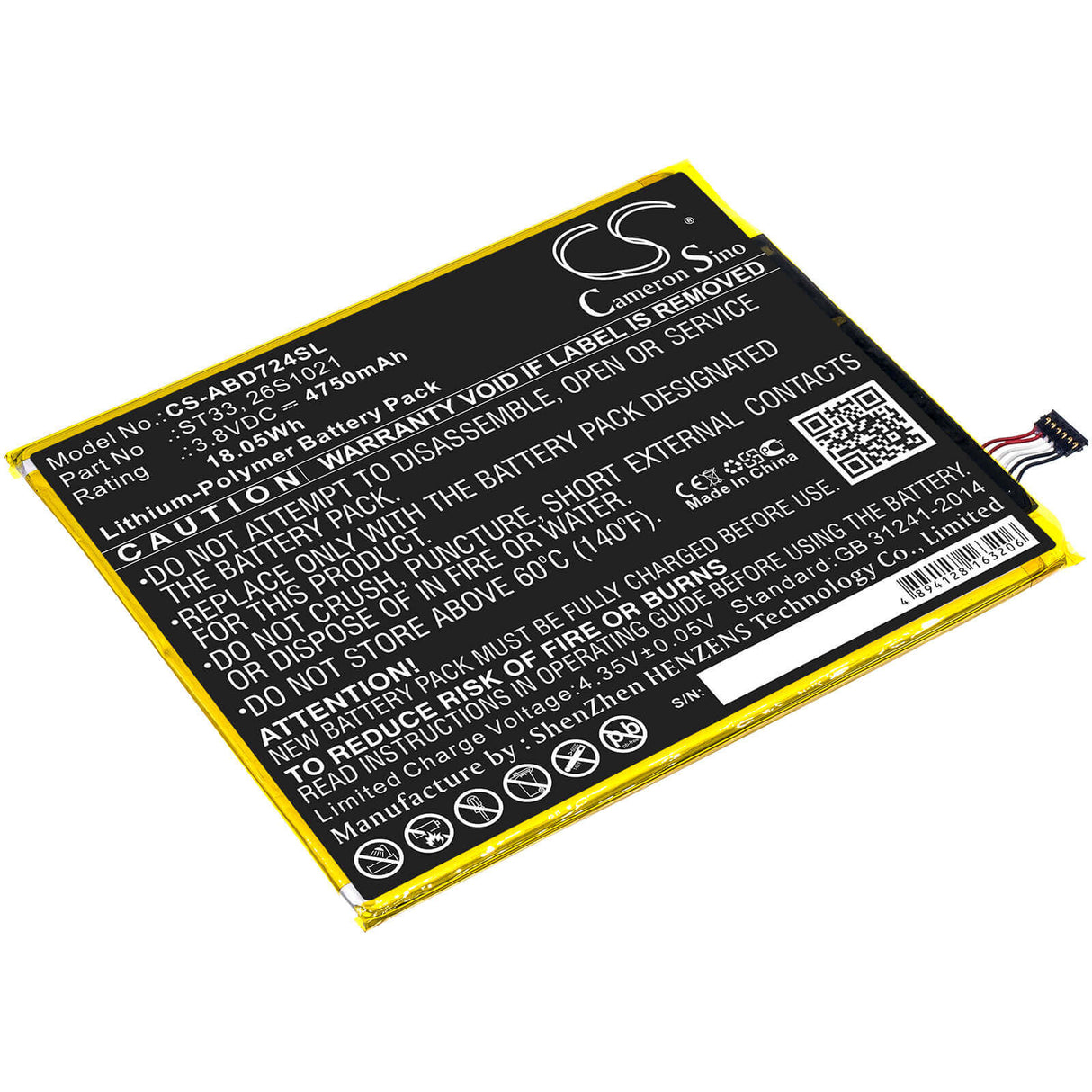 3.8V, Li-Polymer, 4750mAh, Tablet battery fits Amazon, 26s1021, K72ll3, K72ll4, 18.05Wh Tablet Cameron Sino Technology Limited