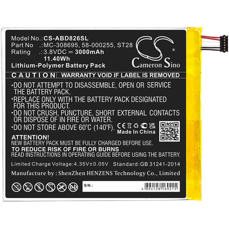 3.8V, Li-Polymer, 3000mAh, Tablet battery fits Amazon, 58-000255, Kindle Fire 2019 9th Generatio, Kindle Fire M8s26g, 11.40Wh Tablet Cameron Sino Technology Limited