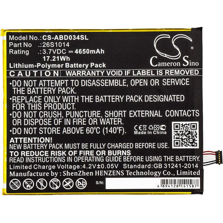 3.7V, Li-Polymer, 4650mAh, Tablet battery fits Amazon, 26s1014, Kindle Fire 8 7 Generation, Kindle Fire 8.7, 17.21Wh Tablet Cameron Sino Technology Limited