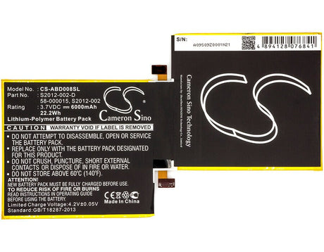 3.7V, Li-Polymer, 6000mAh, Tablet battery fits Amazon, 58-000015, 3ht7g, Kindle Fire 8.9", 22.20Wh Tablet Cameron Sino Technology Limited